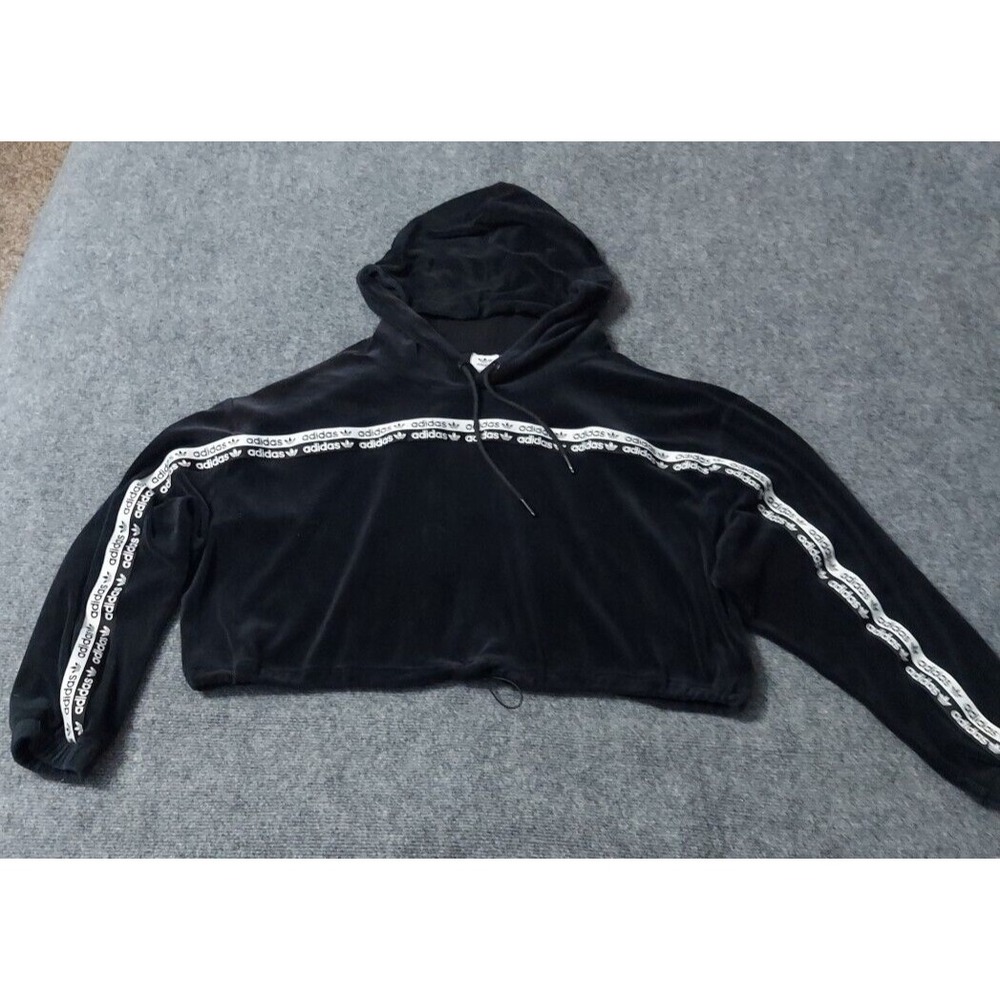 Adidas Pullover‎ Sweater Womens XL Black Spellout Cropped Hoodie Velour Trefoil